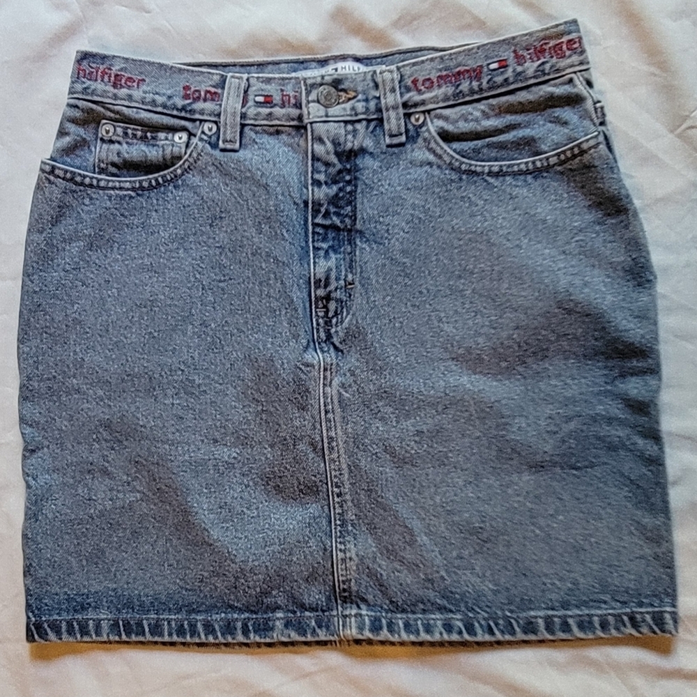 Vintage Y2K 90's Tommy Hilfiger Spell Out Jean Denim Mini Skirt Size 8 Pockets